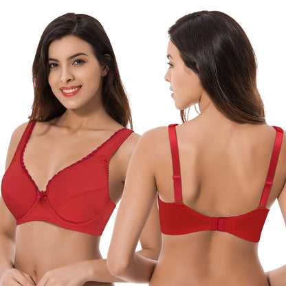 Women's Unlined Plus Size Comfort Cotton Underwire Bra-Black/Red,Red