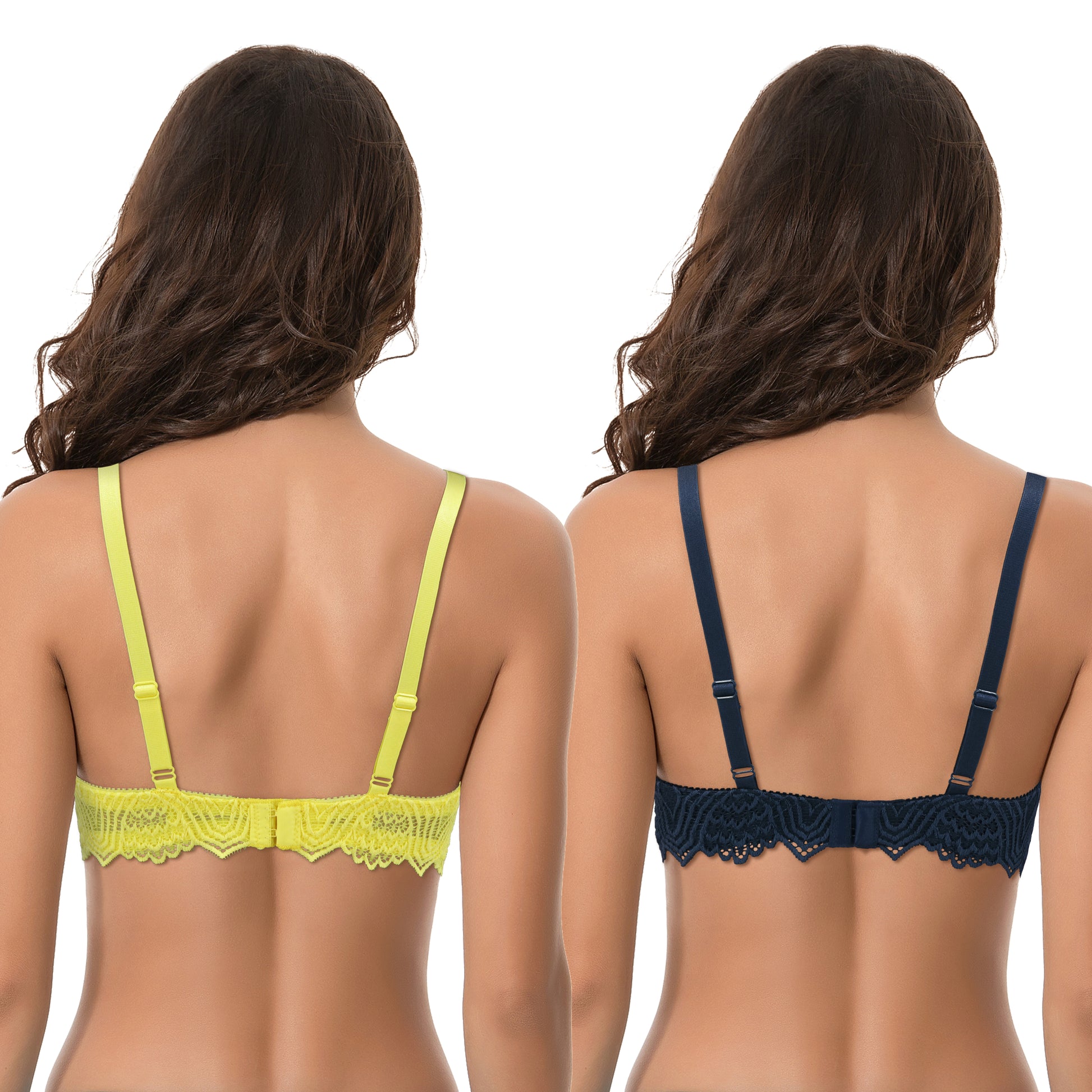 Curve Muse Women's Plus Size Push Up Add 1 Cup Underwire Perfect Shape Lace  Bras-2Pk-Navy,Yellow-42DD 