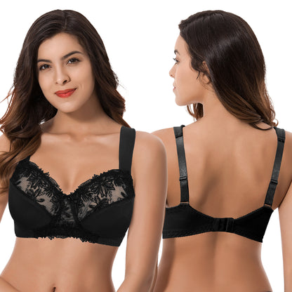 Plus Size Minimizer Unlined Wirefree Bra with Lace Embroidery-3Pack