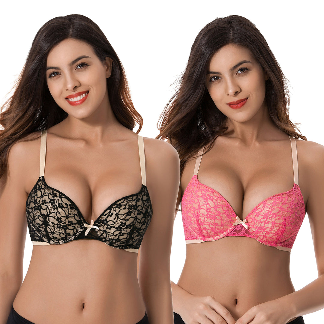 Curve Muse Women's Plus Size Push Up Add 1 Cup Underwire Perfect Shape Lace  Bras-2Pk-Black,Pink-42B