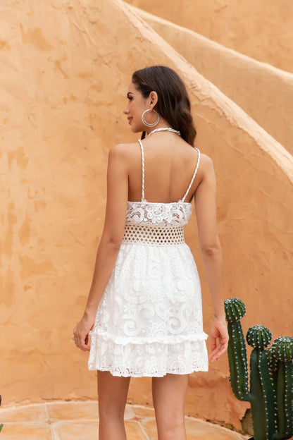 Women V-Neck Sleeveless Thin Straps Backless Lace Embroidery Dresses-White
