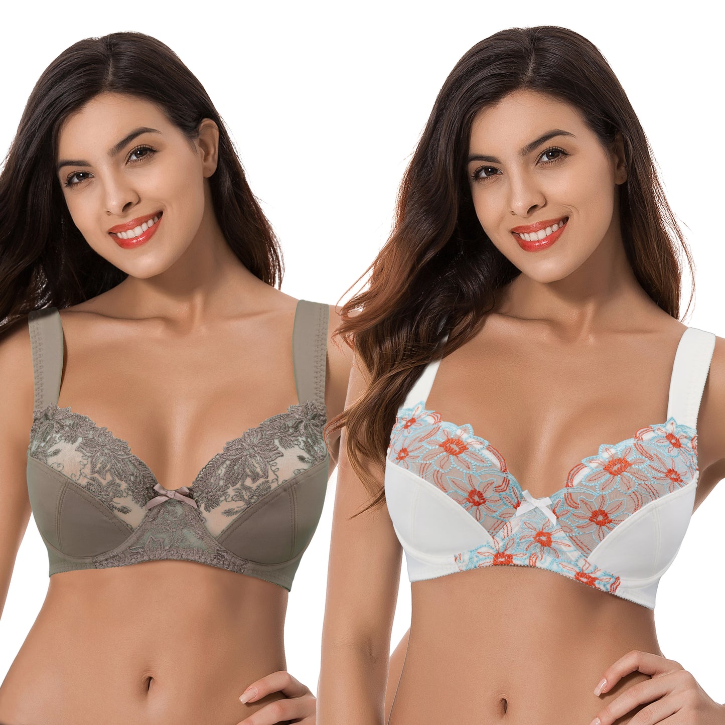 Womens Plus Size Minimizer Underwire Bra With Lace Embroidery-2 Pack-Grey,Cream