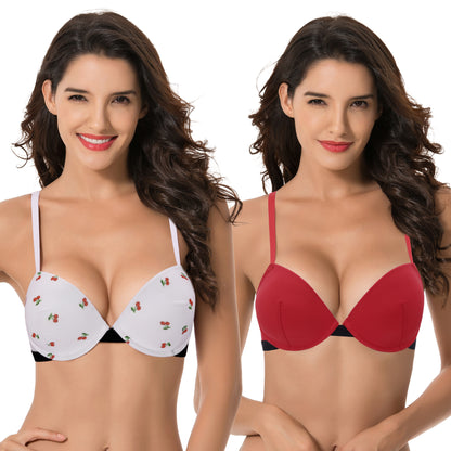 Women's Plus Size Add 1 and a half Cup Push Up Underwire Bras -2PK-White Print,Burgundy