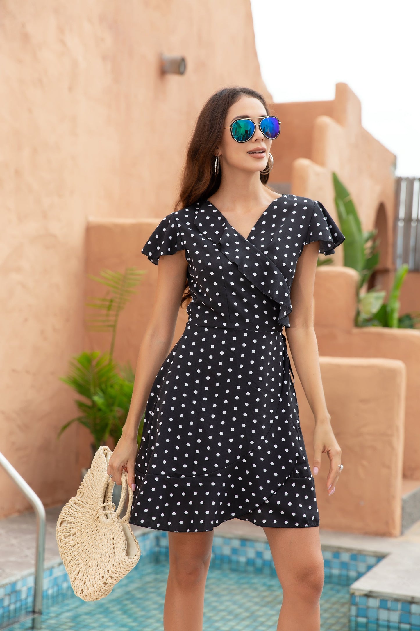 Women's Polka dot V neckline Short Sleeve Ruffle Midi Dress