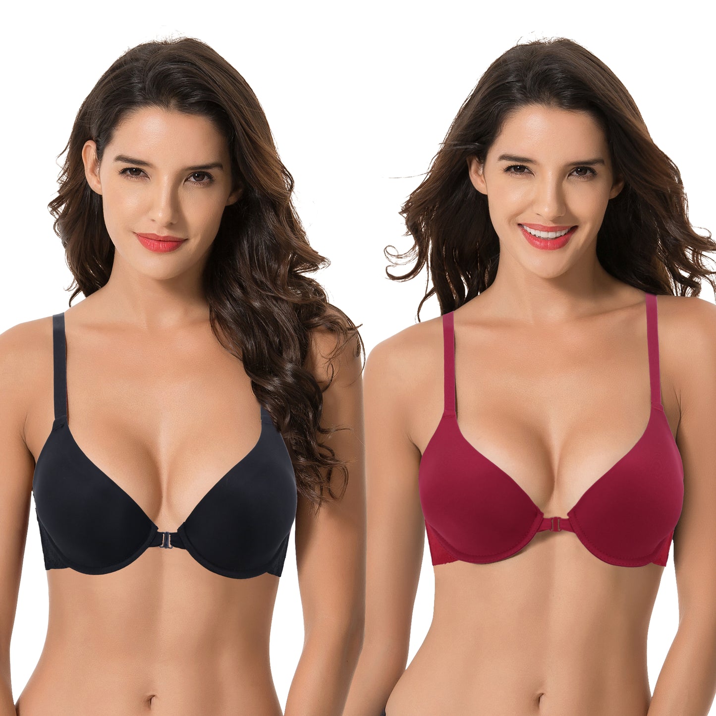 Women's Plus Size Full Coverage Underwire Front Close Bras-2PK-BLACK,RED