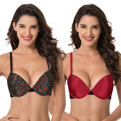 Women's Plus Size Add 1 and a half Cup Push Up Underwire Bras -2PK-Black Print,Red