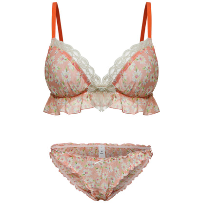 Chiffon Lace Plunge Bralette and Bikini Panty Lingerie Set