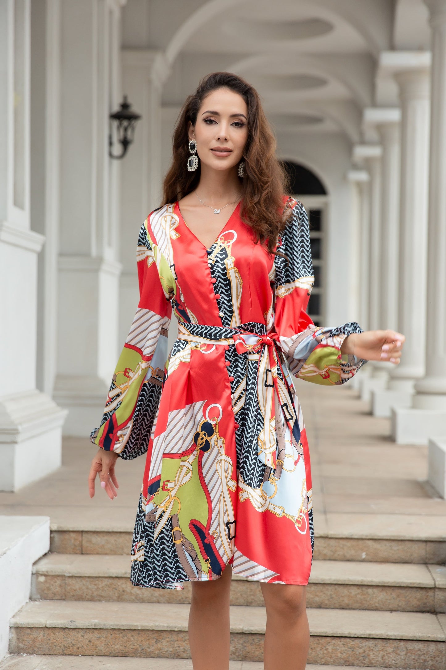 Women's Deep V Neck Lantern Long Bell Sleeve Midi Dress