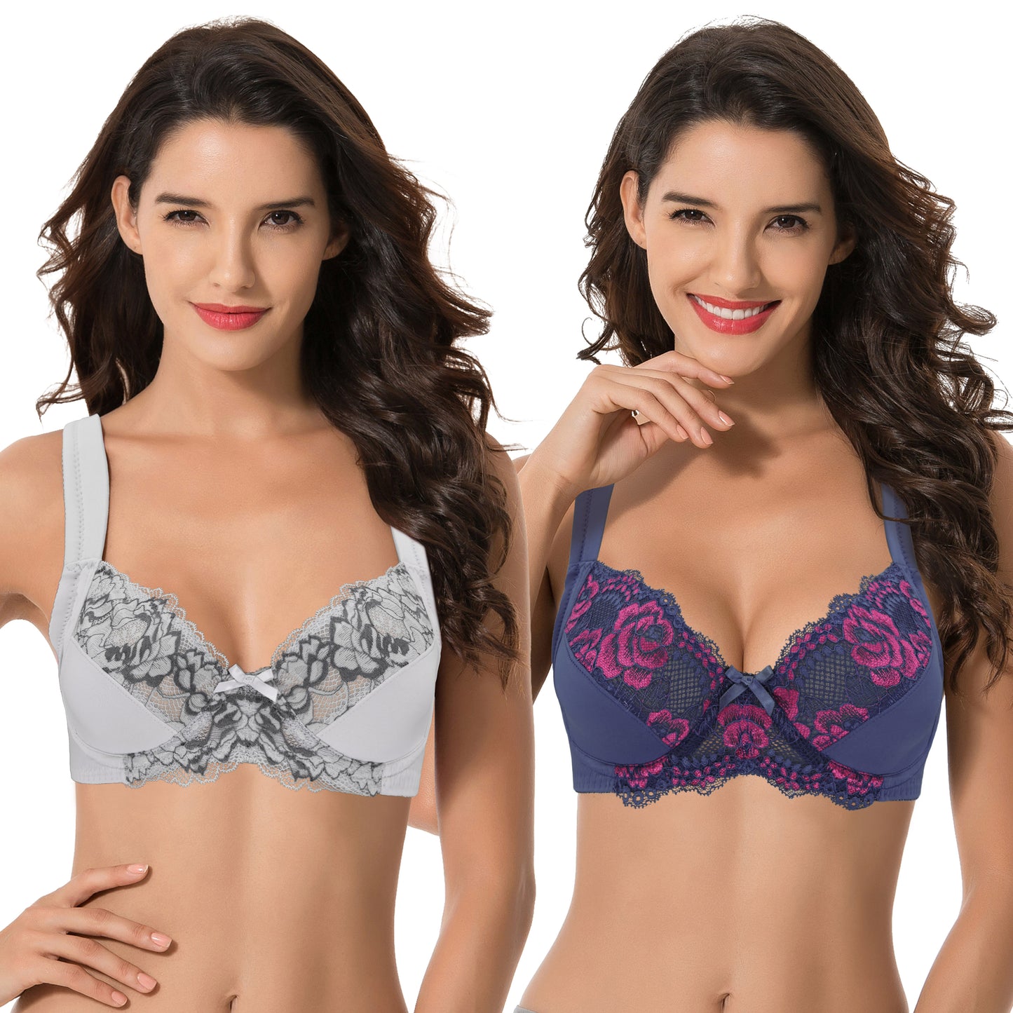 Women's Plus Size Unlined Underwire Lace Bra with Cushion Straps-Light Grey,Navy