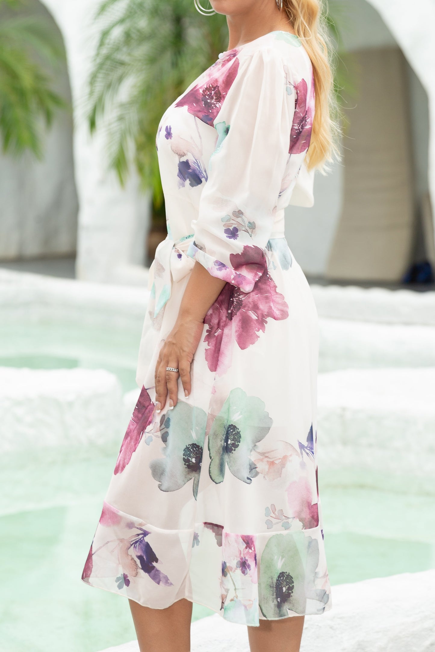 Women's Asymmetrical Cutout Long Sleeve Chiffon Midi Dress