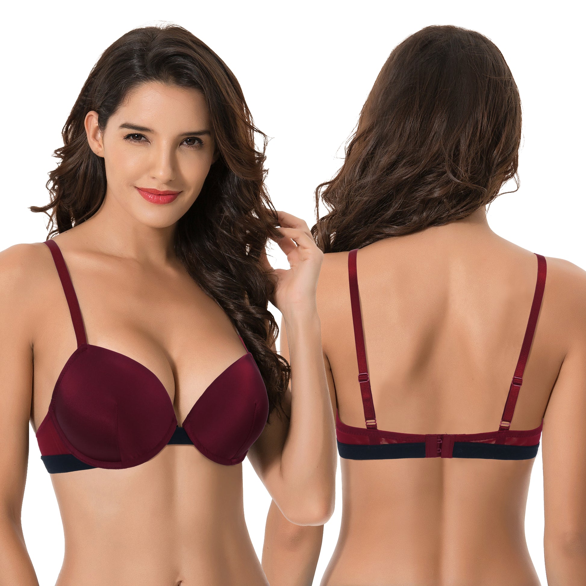 Curve Muse Women's Plus Size Add 1 and a half Cup Push Up Underwire Lace  Bras -2PK-BURGUNDY,NUDE-42B