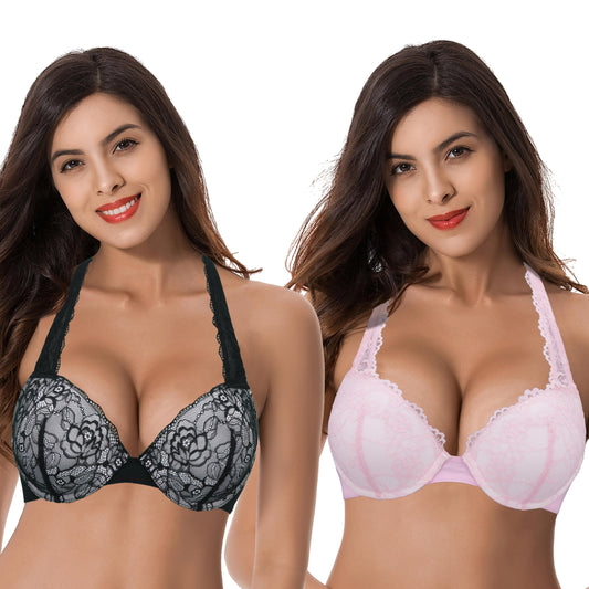 Women's Plus Size Add 1 and a half Cup Push Up Underwire Convertible Lace Bras -2PK-Black,Pink