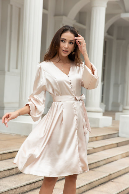 Women's Deep V Neck Lantern Long Bell Sleeve Midi Dress