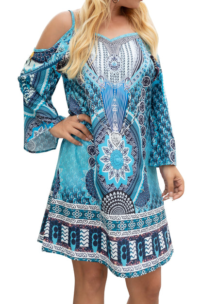 Women's Mosaic Printed Cold Shoulder Tunic Dress Bell Sleeve-Blue