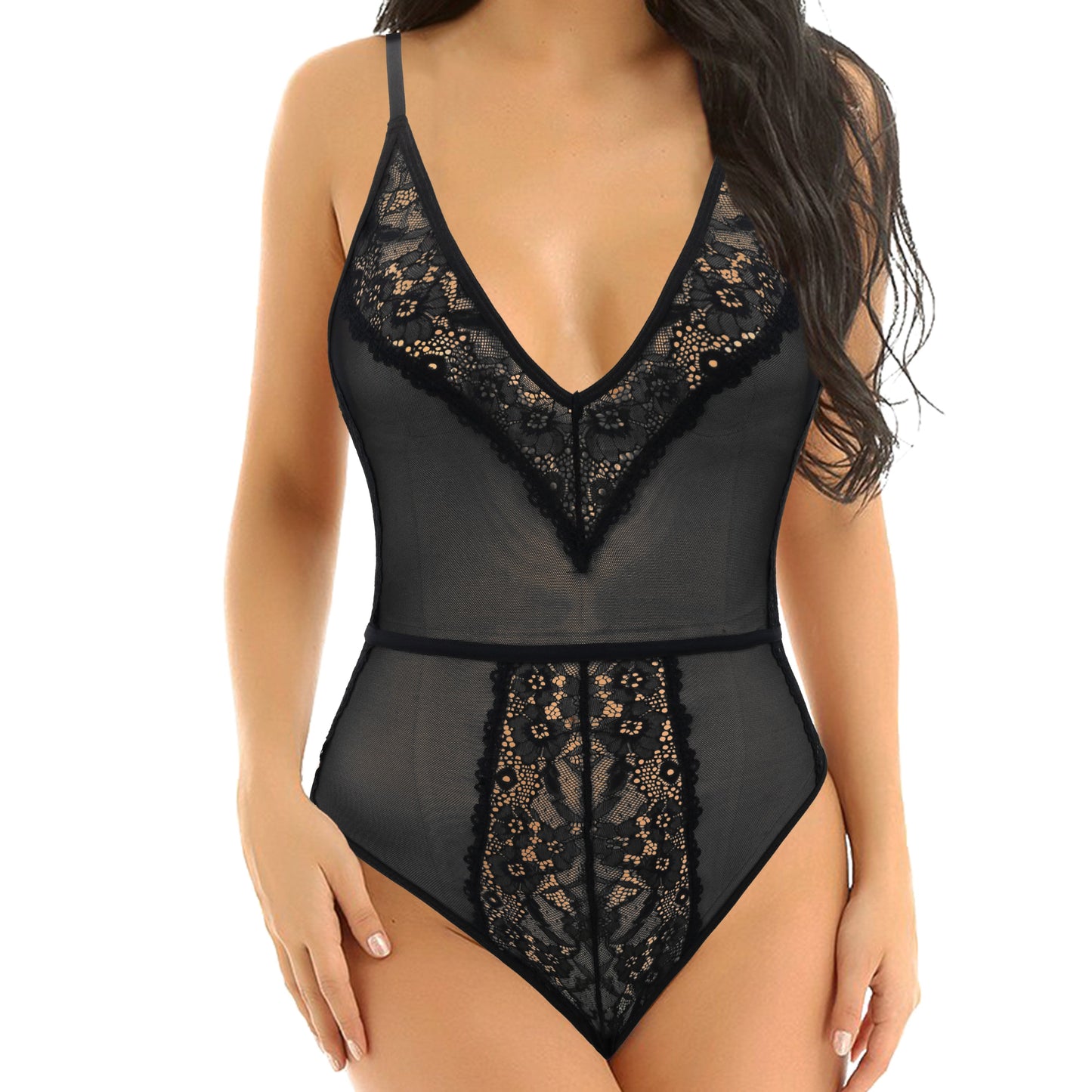 Women's Lingerie Lace Babydoll V Neck One Piece Mesh Bodysuit Nightwear