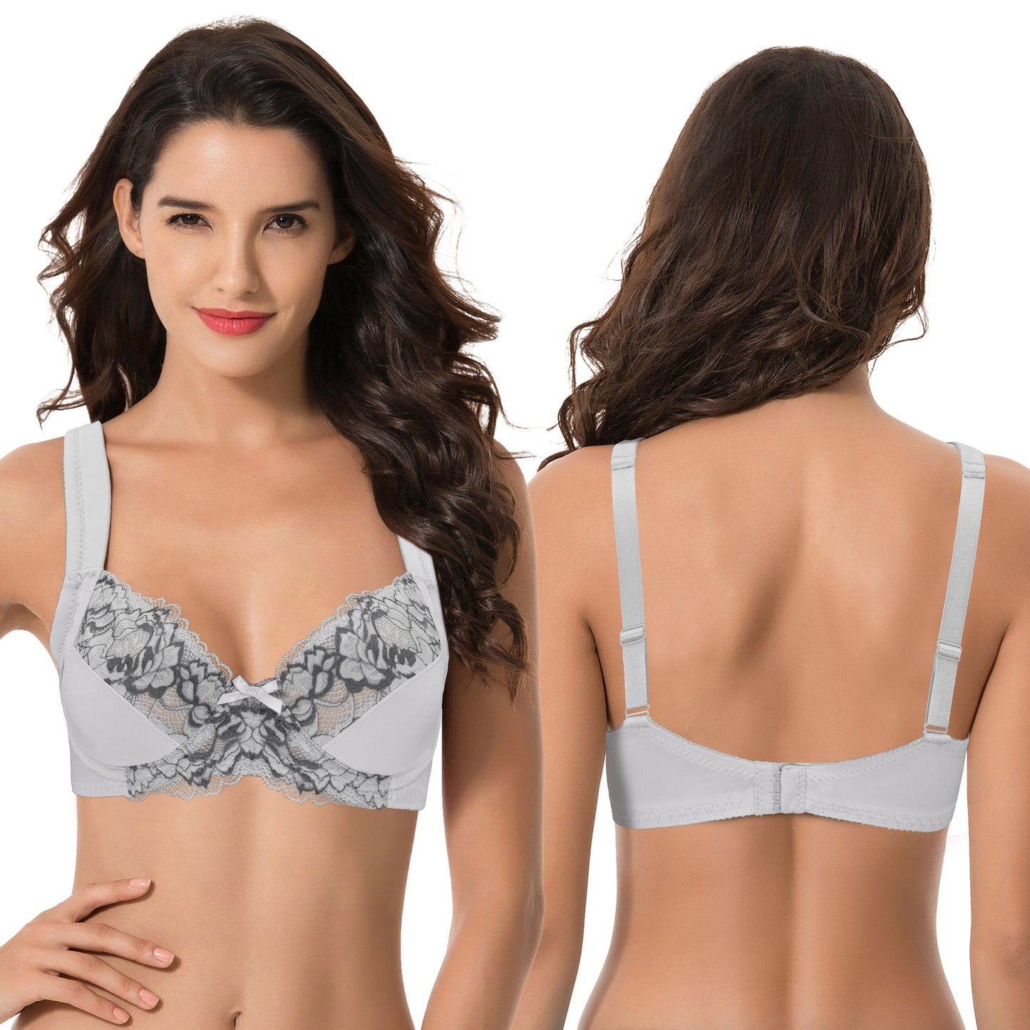Women's Plus Size Unlined Underwire Lace Bra with Cushion Straps-Light Grey,Navy