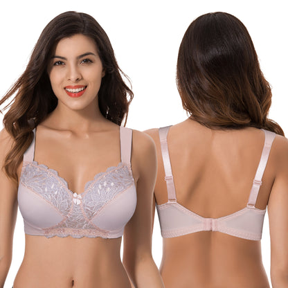 Plus Size Unlined Minimizer Wirefree Bras with Embroidery Lace-3Pack