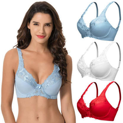 Plus Size Minimizer Underwire Unlined Bra with Embroidery Lace