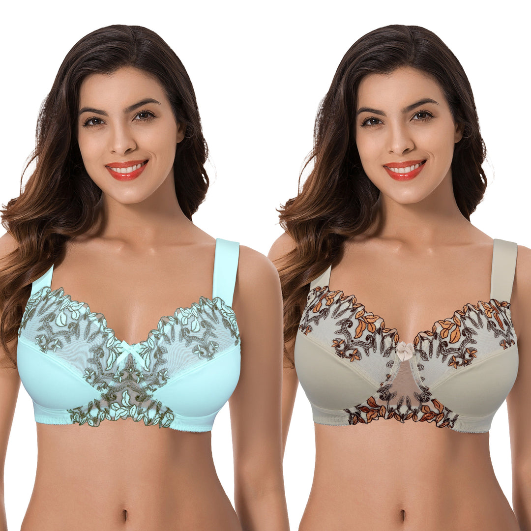 Curve Muse Women's Plus Size Minimizer Wireless Unlined Bra with Embroidery  Lace