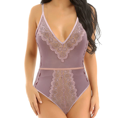 Women's Lingerie Lace Babydoll V Neck One Piece Mesh Bodysuit Nightwear