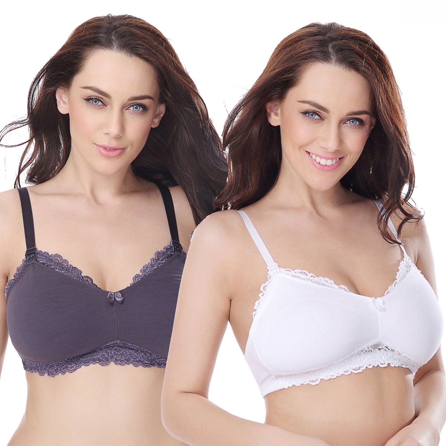 Plus Size Nursing Cotton Unlined Wirefree Bra With Lace Trim-2 PK-Slate, White