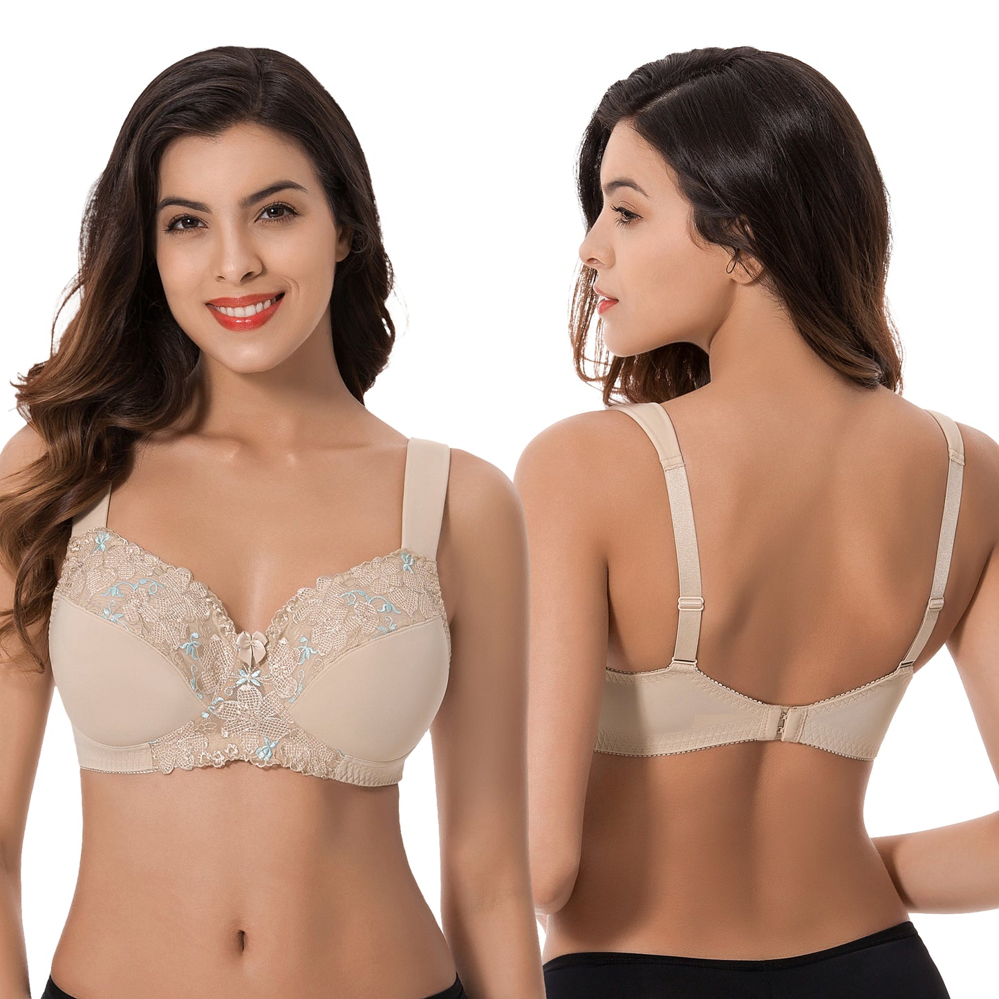 Plus Size Minimizer Unlined Wireless Bra with Lace Embroidery-3Pack-SAGE,NUDE,BLUSH