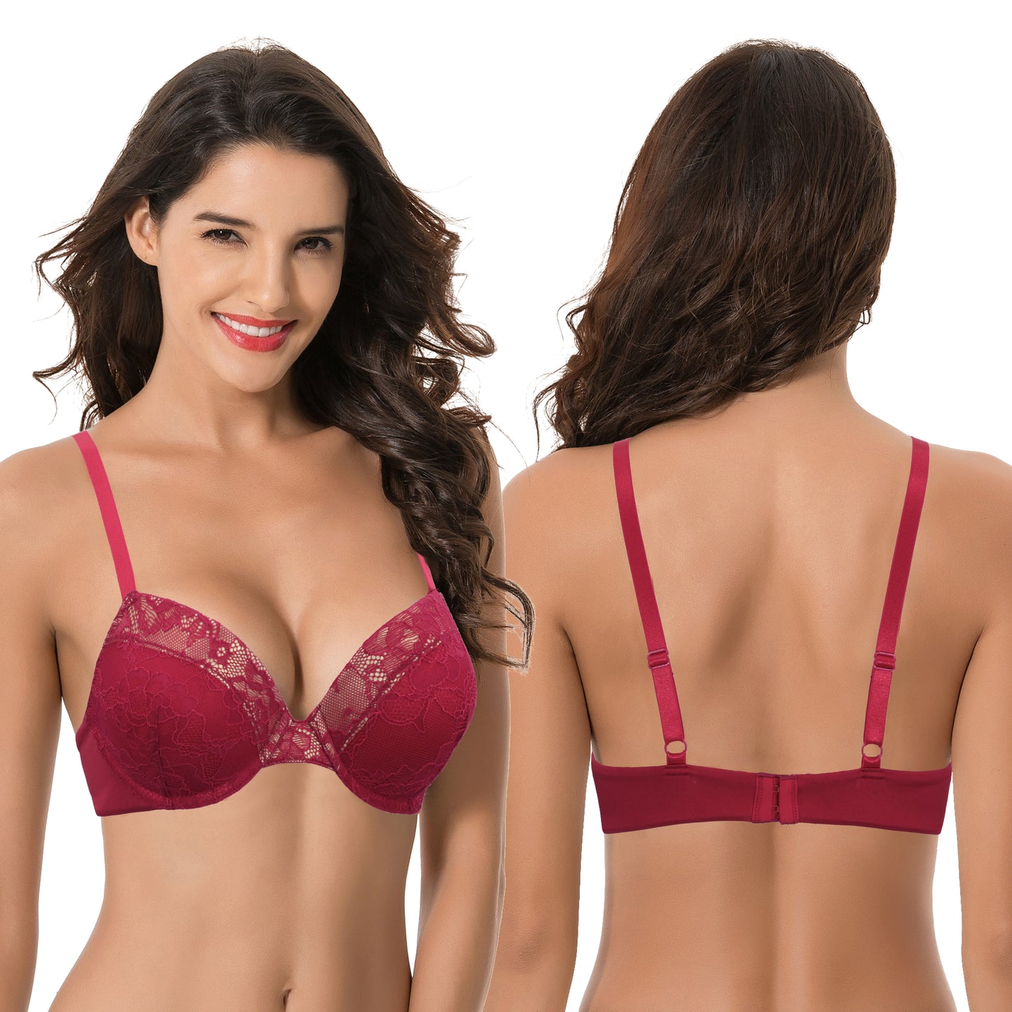 Women's Plus Size Add 1 and a half Cup Push Up Underwire Lace Bras -2PK-BLACK,RED