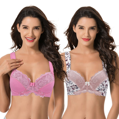 Women's Plus Size Unlined Underwire Lace Bra with Cushion Straps-2PK-Cream/Pink/Gray,Pink