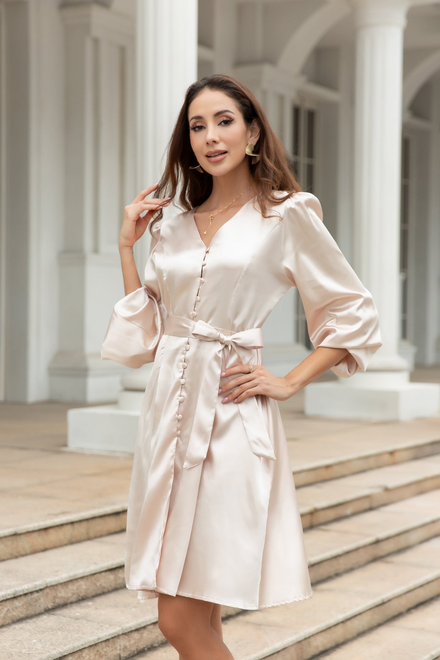 Women's Deep V Neck Lantern Long Bell Sleeve Midi Dress