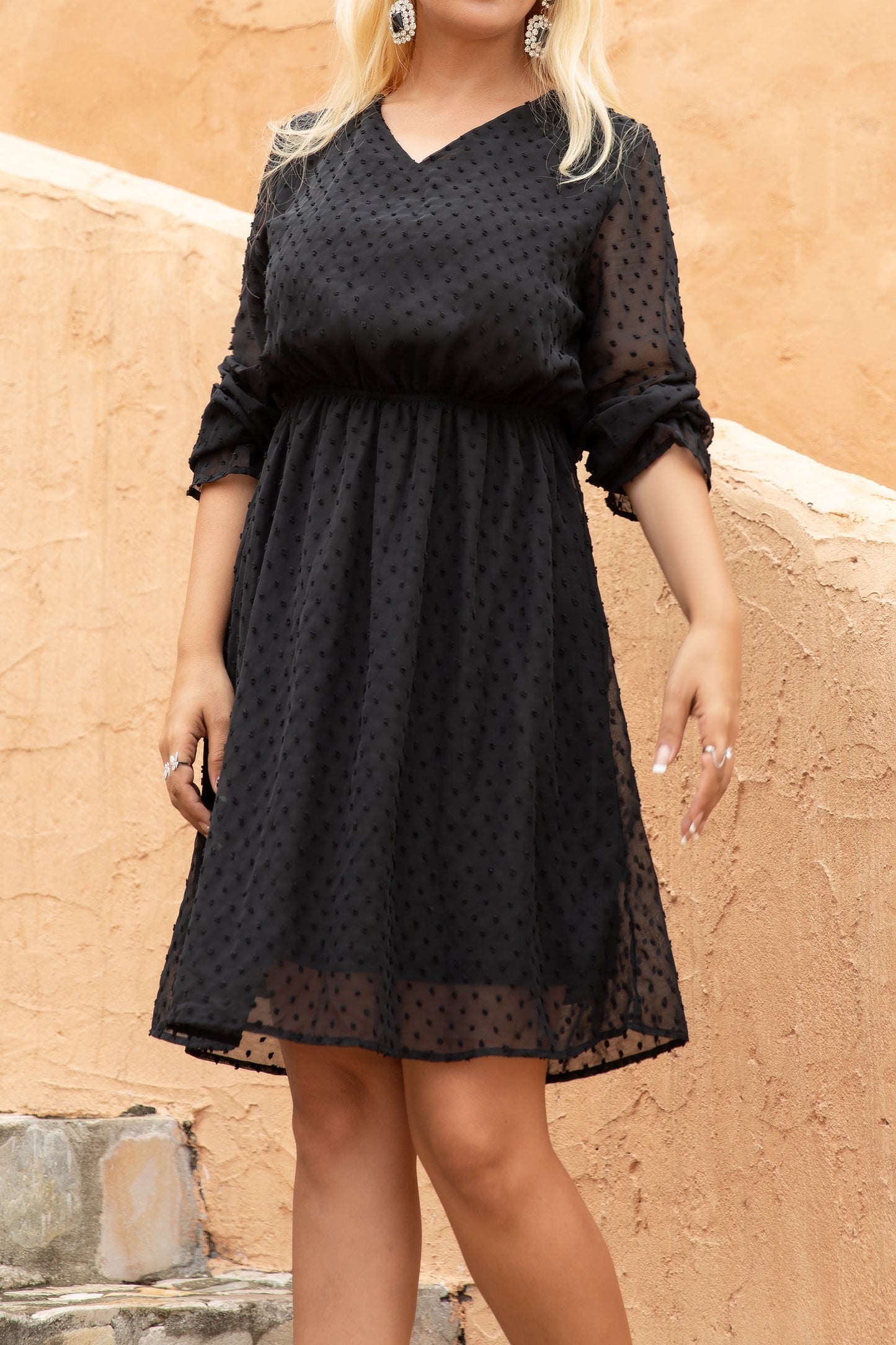 Women Polka Dot V-Neck Ruched Sheer Mesh Long Sleeve Flowy Dress-Black