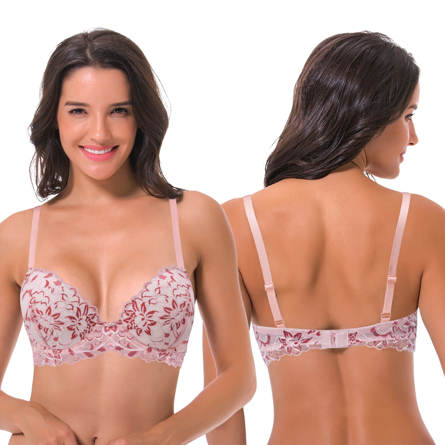 Women's Underwire Plus Size Push Up Add 1 and a Half Cup Lace Bras-2PK-White/Red,Black/Grey