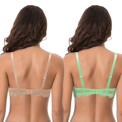 Women's Plus Size Push Up Add 1 Cup Underwire Perfect Shape Lace Bras-2PK-NUDE,LT-GREEN