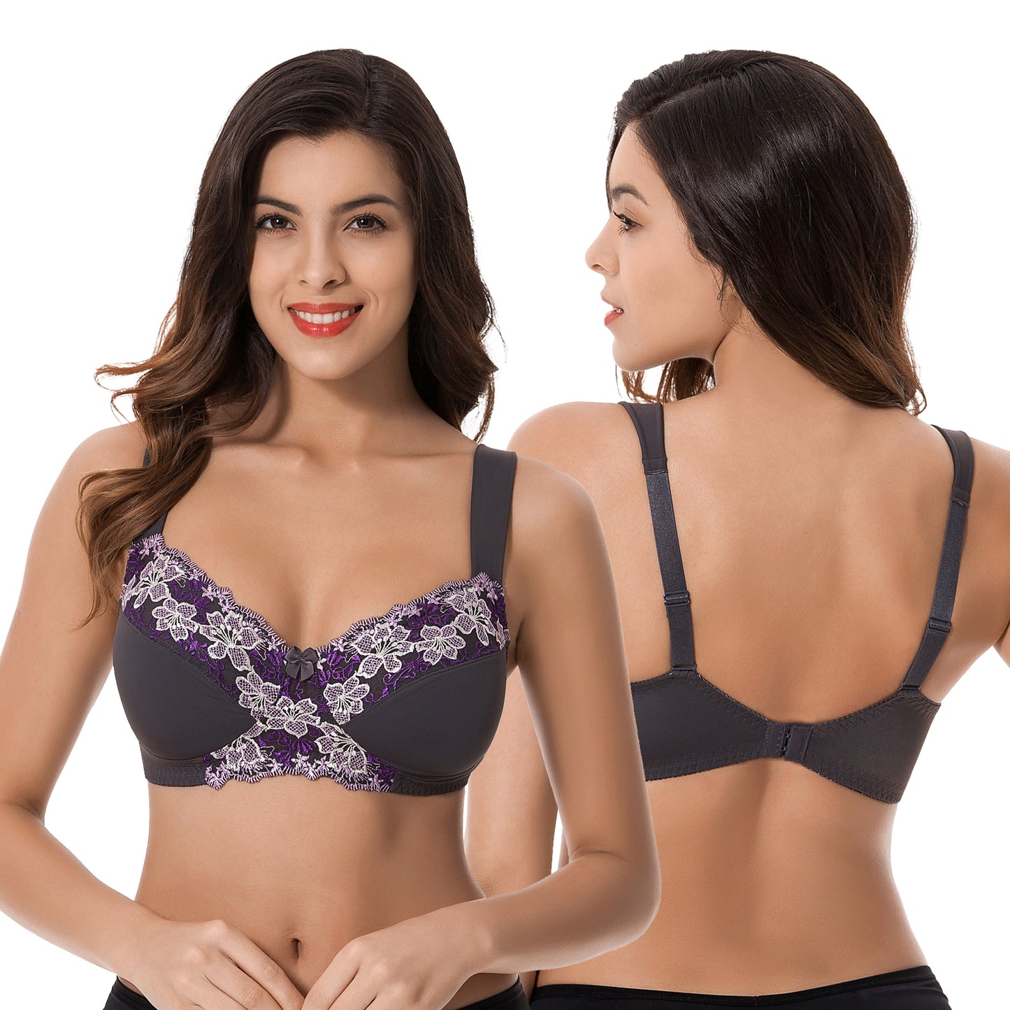 Plus Size Minimizer Unlined Wireless Bra with Lace Embroidery-3Pack