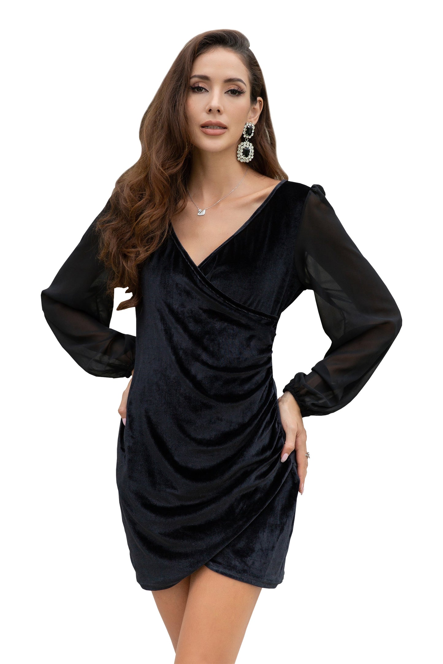 Women Asymmetrical Velvet V-Neck Sheer Chiffon Sleeve Mini Dresses