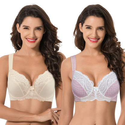 Women's Plus Size Unlined Underwire Lace Bra with Cushion Straps