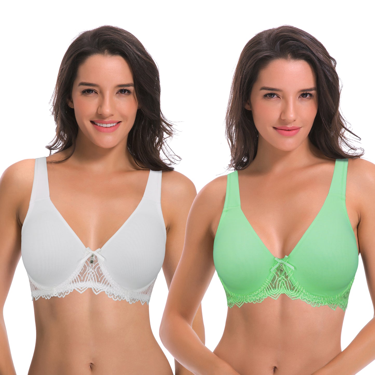 Women's Plus Size Unlined Underwire Lace Bra with Cushion Straps-2PK-WHITE,GREEN