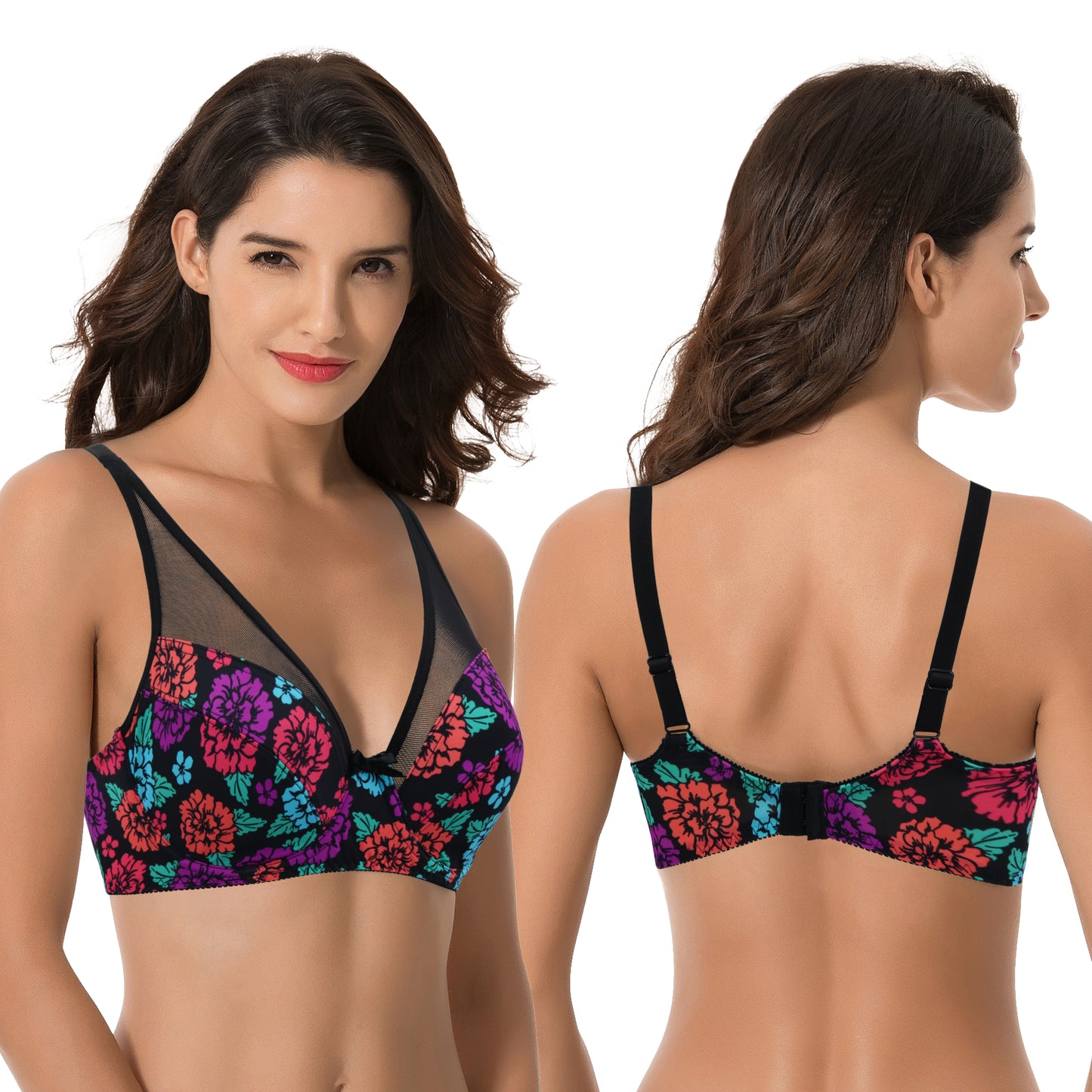 Plus Size Minimizer Underwire Bra with Floral and leopard Print-2pack