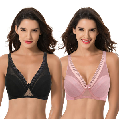 Women's Plus Size Unlined Minimizer Full Coverage Mesh Underwire Bra-2pack-Black,Pink
