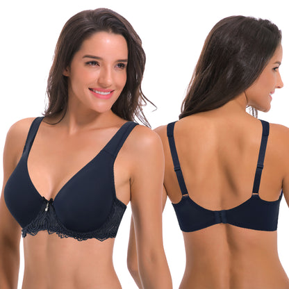 Women's Plus Size Unlined Underwire Lace Bra with Cushion Straps-2PK-NAVY, LIGHT YELLOW