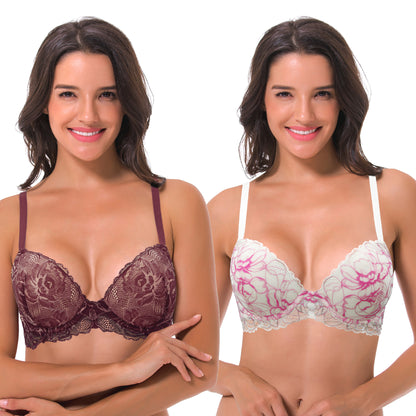 Women's Underwire Plus Size Push Up Add 1 and a Half Cup Lace Bras