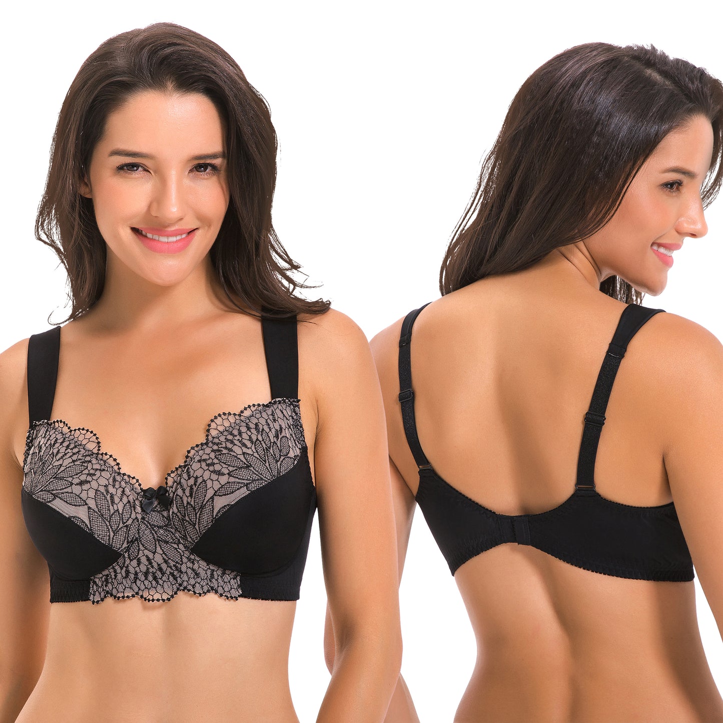 Plus Size Unlined Minimizer Wirefree Bras with Embroidery Lace-3Pack-Grey,Pink,Black
