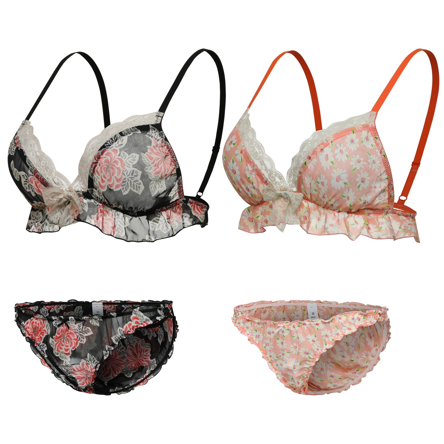 Chiffon Lace Plunge Bralette and Bikini Panty Lingerie Set