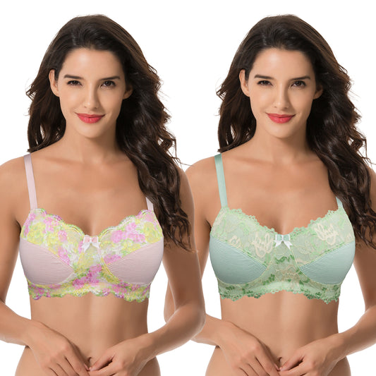 Curve Muse Plus Size Minimizer Unlined Wireless Bra with Lace  Embroidery-3Pack-SAGE,NUDE,BLUSH-48DD 