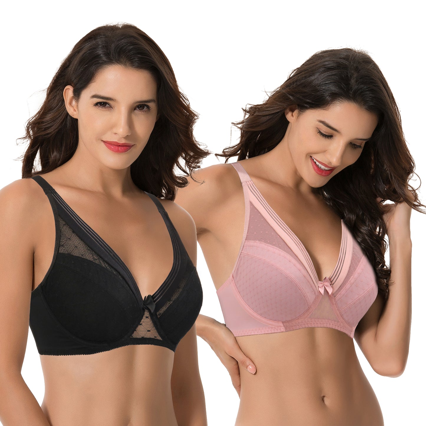 Women's Plus Size Unlined Minimizer Full Coverage Mesh Underwire Bra-2pack-Black,Pink