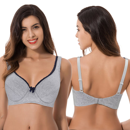 Women's Unlined Plus Size Comfort Cotton Underwire Bra-Navy/White,Grey