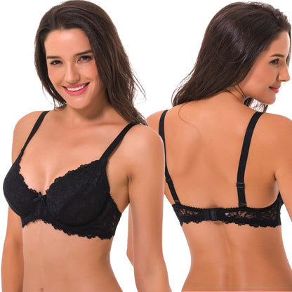 Semi-Sheer Balconette Underwire Lace Bra and Scalloped Hems (3 Pack)-Black,MAUVE,TEAL