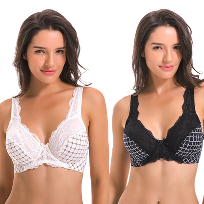 Women's Minimizer Unlined Underwire Bra With Lace Embroidery-2 pack-white-black