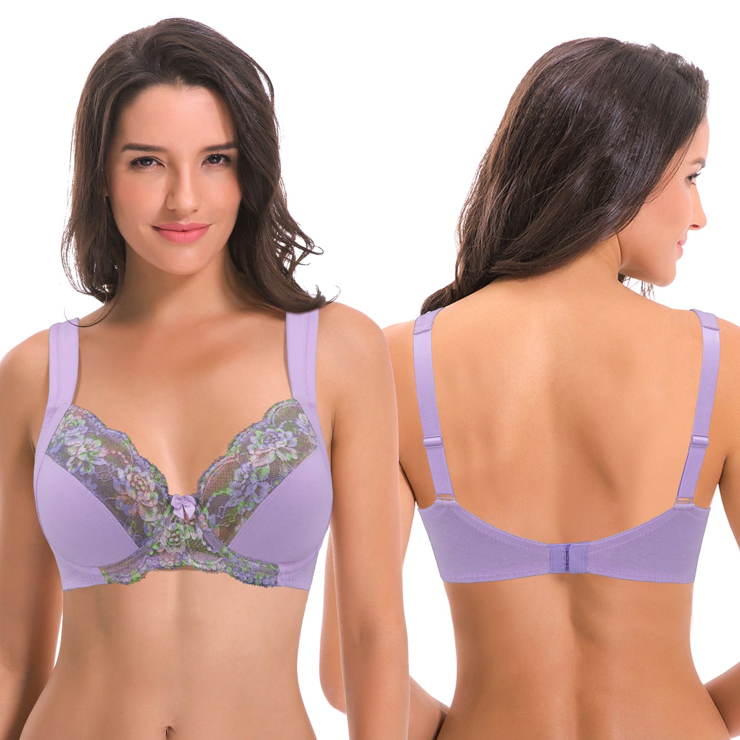 Women's Plus Size Unlined Underwire Lace Bra with Cushion Straps-2PK