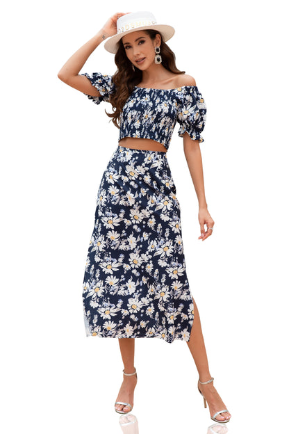 Women Floral Short Sleeve Crop Top and Long Skirt 2 Piece Set-Floral Print