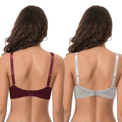 Women's Plus Size Unlined Underwire Lace Bra with Cushion Straps-Burgundy,Grey